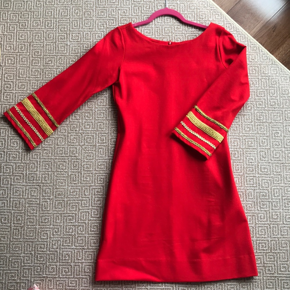 CK BRADLEY red ponte boatneck dress with gold